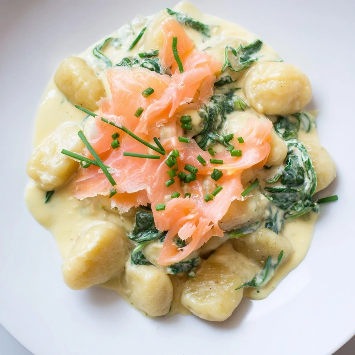 Healthy Smoked Salmon Gnocchi garnished with chives and lemon wedges, a quick Italian-inspired dinner.