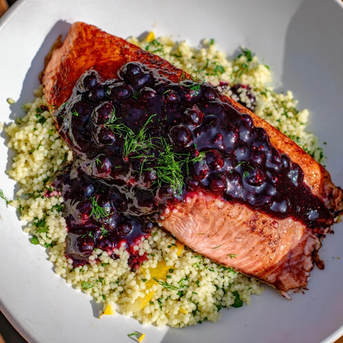 Glazed salmon fillets with Blueberry Glazed Salmon with Lemon Herb Couscous sit atop fluffy grains and fresh herbs.