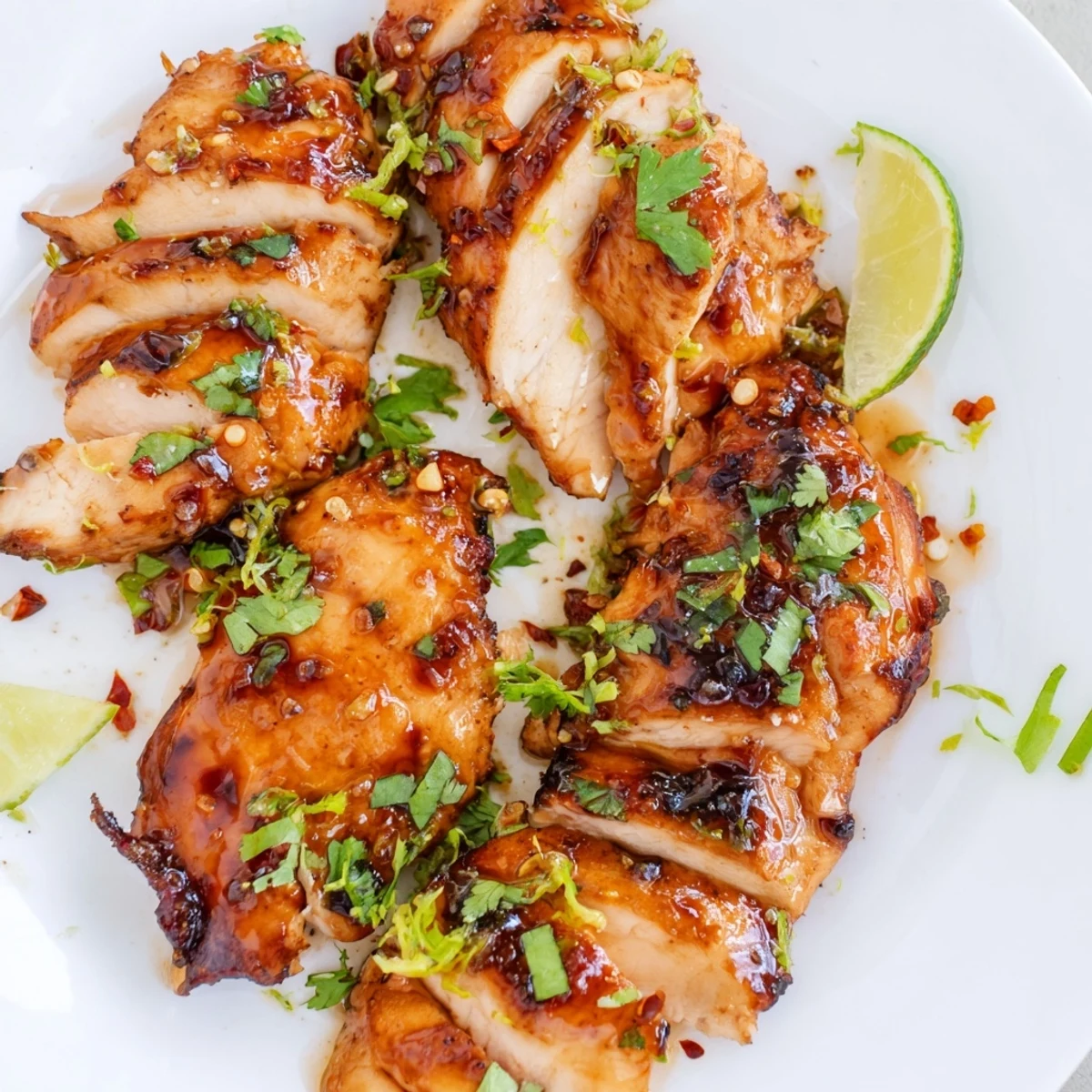 Grilled Spicy Honey Lime Chicken breasts glisten with char marks on a white plate beside lime wedges.