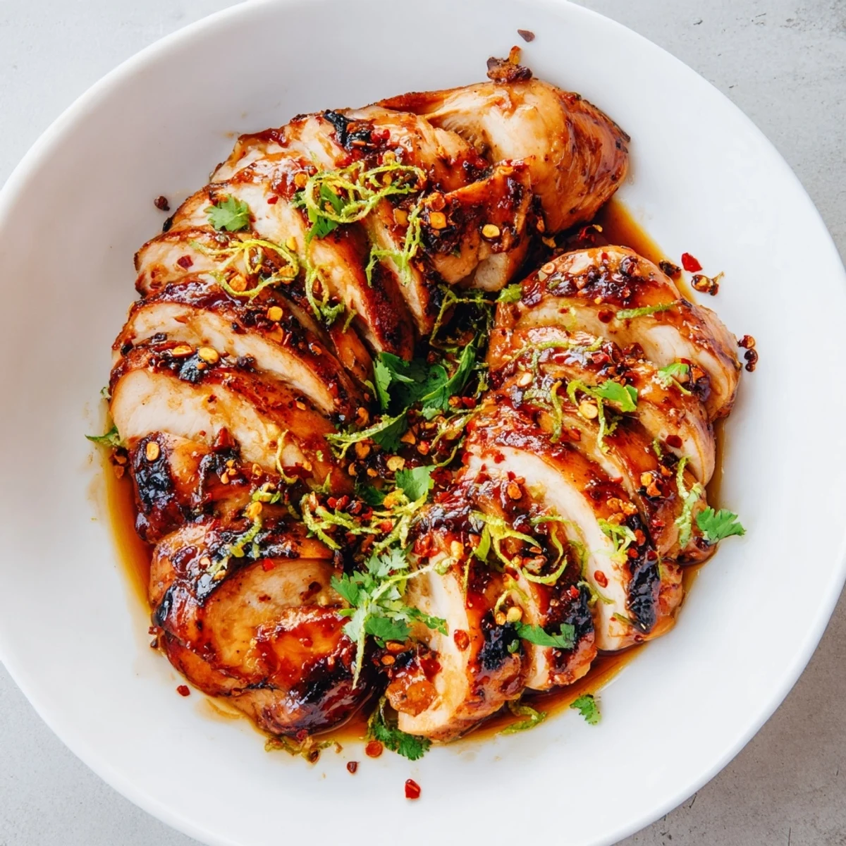 Juicy Spicy Honey Lime Chicken thighs showcase glazed marinade with vegetables for a vibrant dinner.