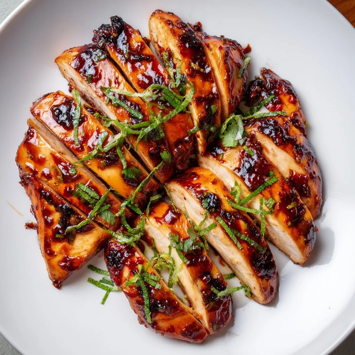 Tender Spicy Honey Lime Chicken slices rest on rice with fresh cilantro and lime garnish.