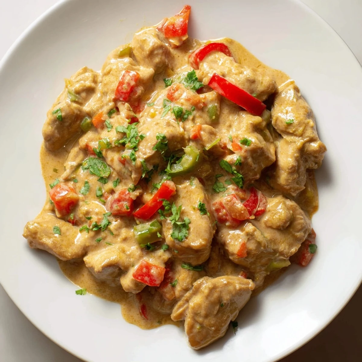 A steaming skillet of Brazilian Coconut Chicken reveals golden chicken thighs and colorful peppers in aromatic coconut milk.