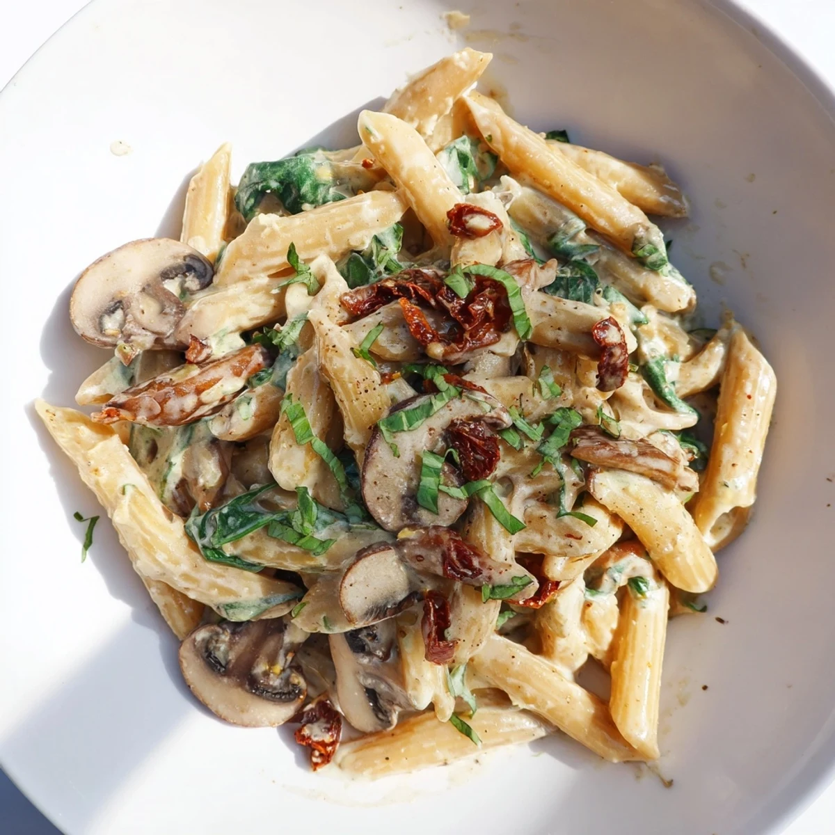 Rich Creamy Tuscan Mushroom Pasta Skillet served beside crusty bread and a glass of white wine.