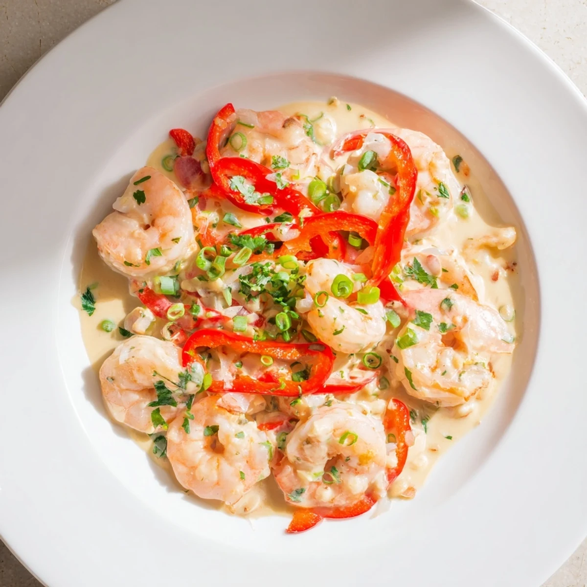 Succulent shrimp in a creamy coconut milk sauce with garlic and cilantro garnish, served alongside fluffy jasmine rice.