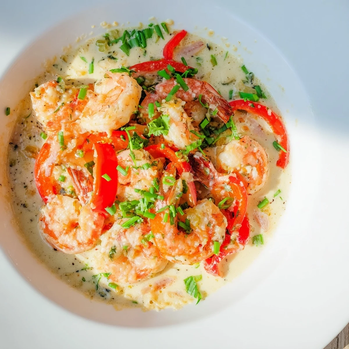 Platter of Garlic Shrimp in Coconut Milk simmering in a rich coconut milk sauce, with lime wedges and herbs.