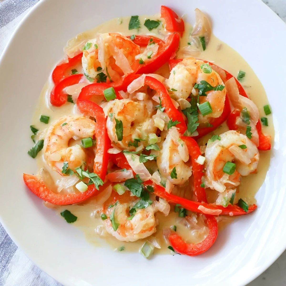 A close-up of Garlic Shrimp in Coconut Milk garnished with cilantro and green onions, plated with steamed rice.