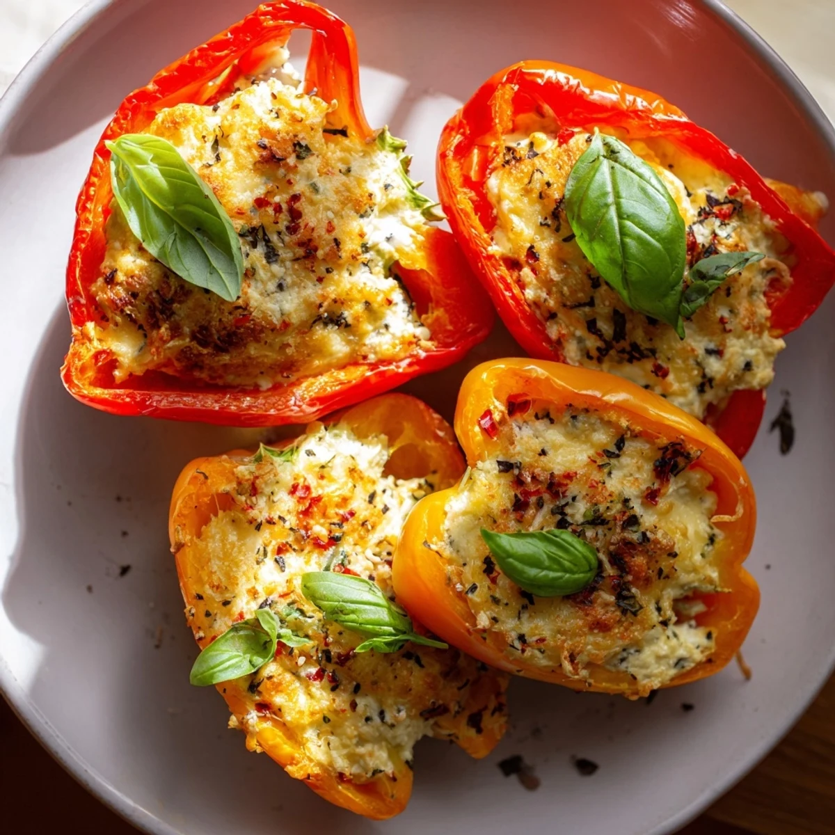 Vibrant Italian-style Ricotta Stuffed Peppers served warm, garnished with fresh basil, ideal alongside a crisp salad for an easy weeknight dinner.