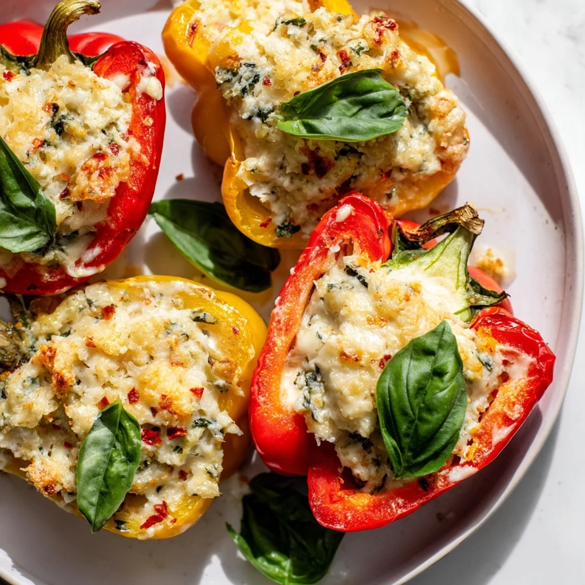 Bright bell peppers stuffed with ricotta, mozzarella, and Parmesan, baked until tender with golden tops, perfect for a vegetarian main dish.
