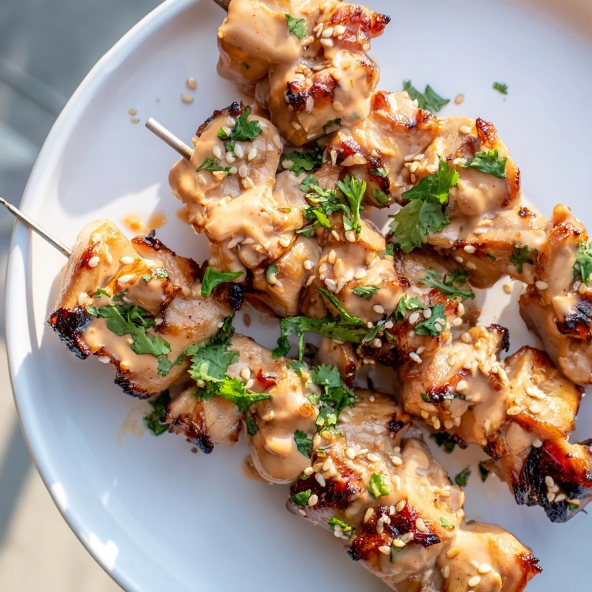 Golden-brown grilled Bang Bang Chicken Skewers drizzled with creamy spicy-sweet sauce and topped with fresh cilantro and sesame seeds, served with lime wedges on a platter.
