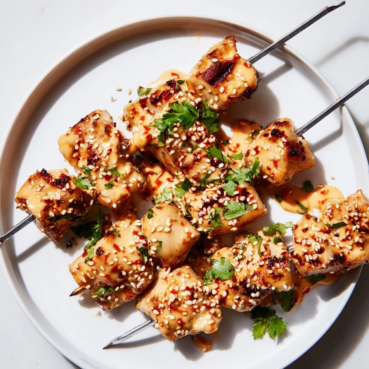 Close-up view of Bang Bang Chicken Skewers showing juicy charred edges, creamy sauce drizzle, and vibrant cilantro garnish, perfect for a flavorful weeknight meal or party appetizer.