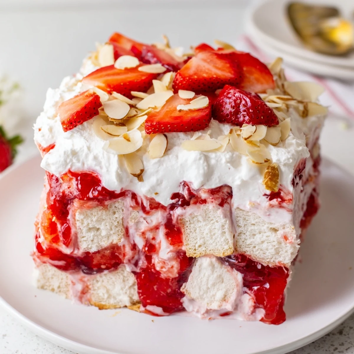 A glass trifle dish displays layered angel food cake, creamy vanilla pudding, and bright strawberry filling for this Heaven on Earth Cake.