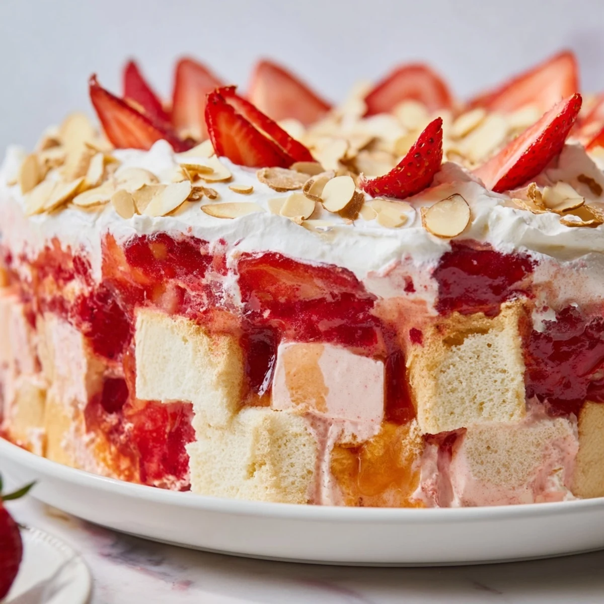 For this no-bake Heaven on Earth Cake, layers of cake and strawberries rest beneath a smooth vanilla cream.