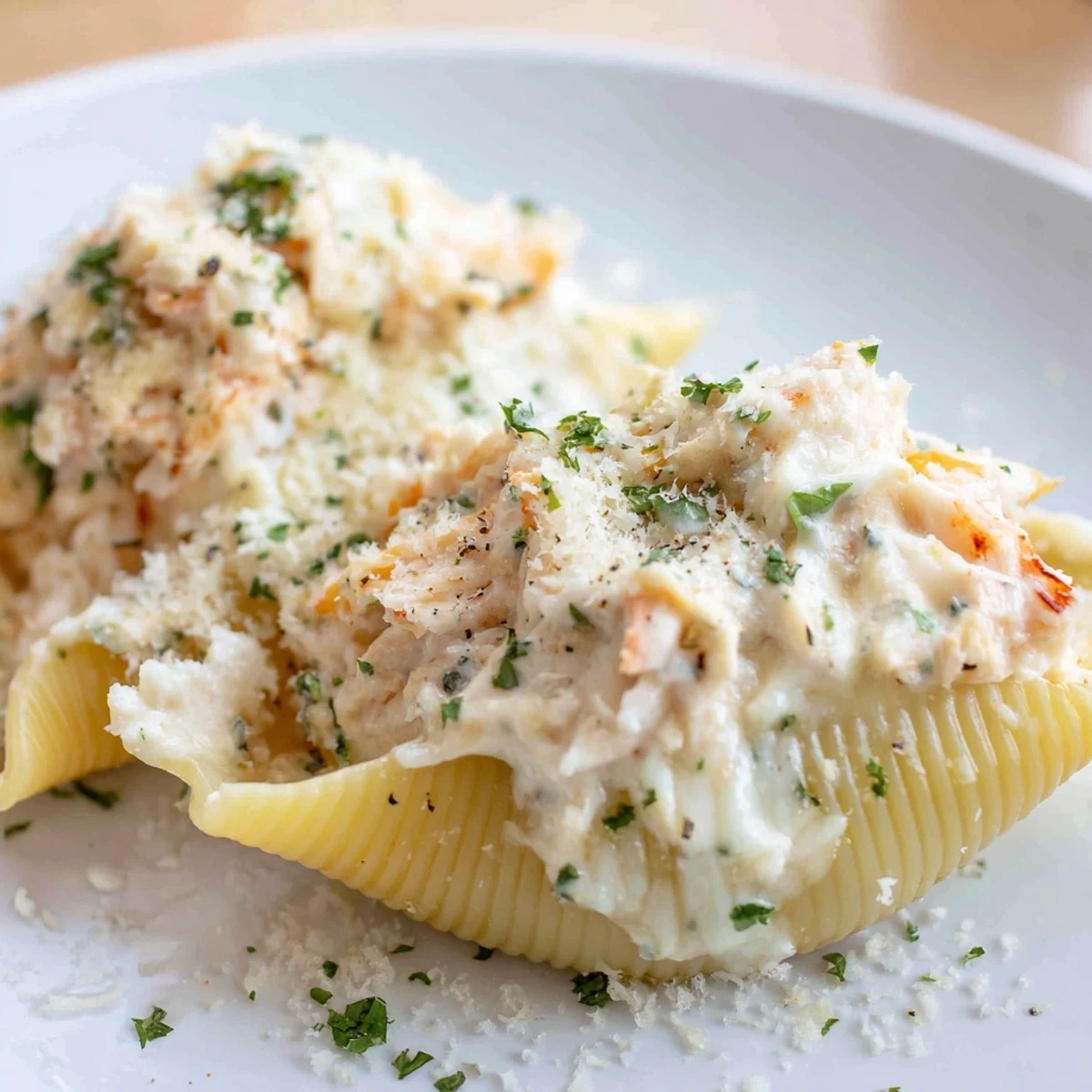 Golden-brown Creamy Seafood Stuffed Shells with melted mozzarella topping sit in a white baking dish, garnished with fresh parsley.  