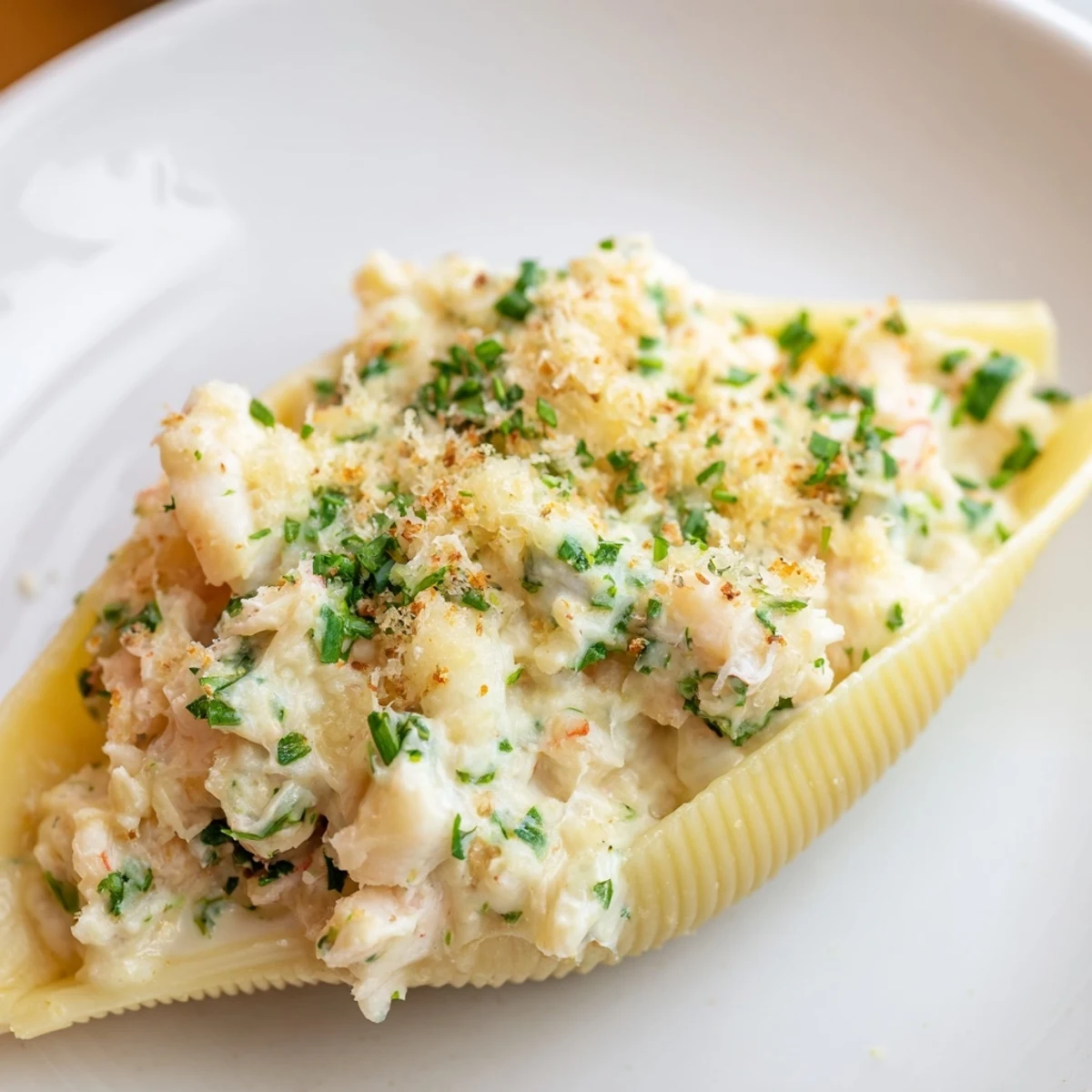 Serve Creamy Seafood Stuffed Shells on a dinner plate with a side salad, showcasing the luscious white wine sauce.