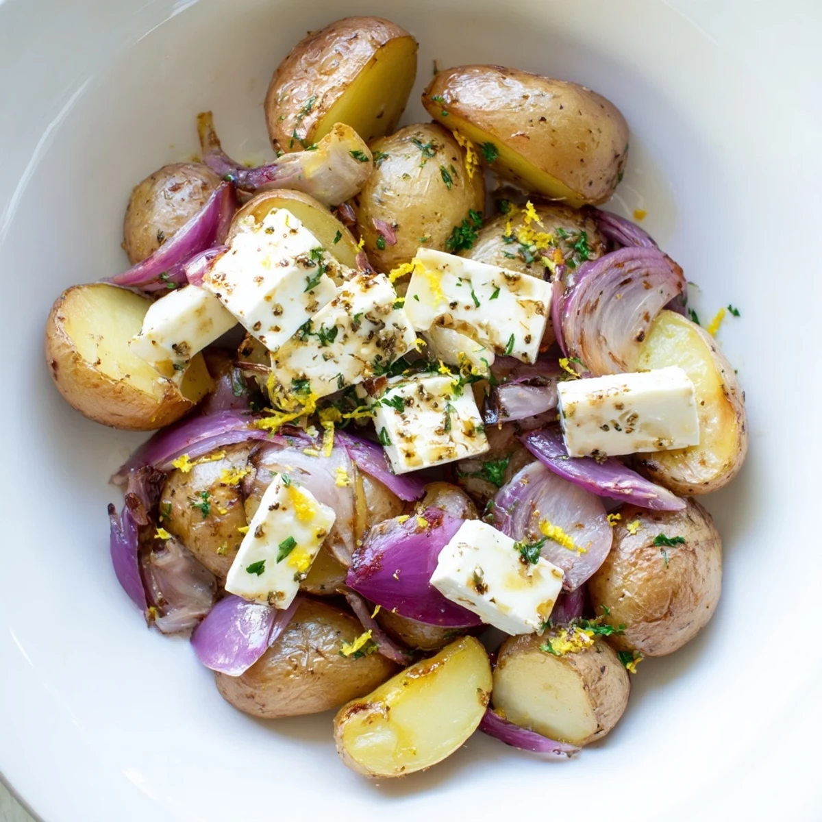 Golden Baked Feta Potatoes with Lemon sizzling in a dish with herbs, a perfect Mediterranean side.
