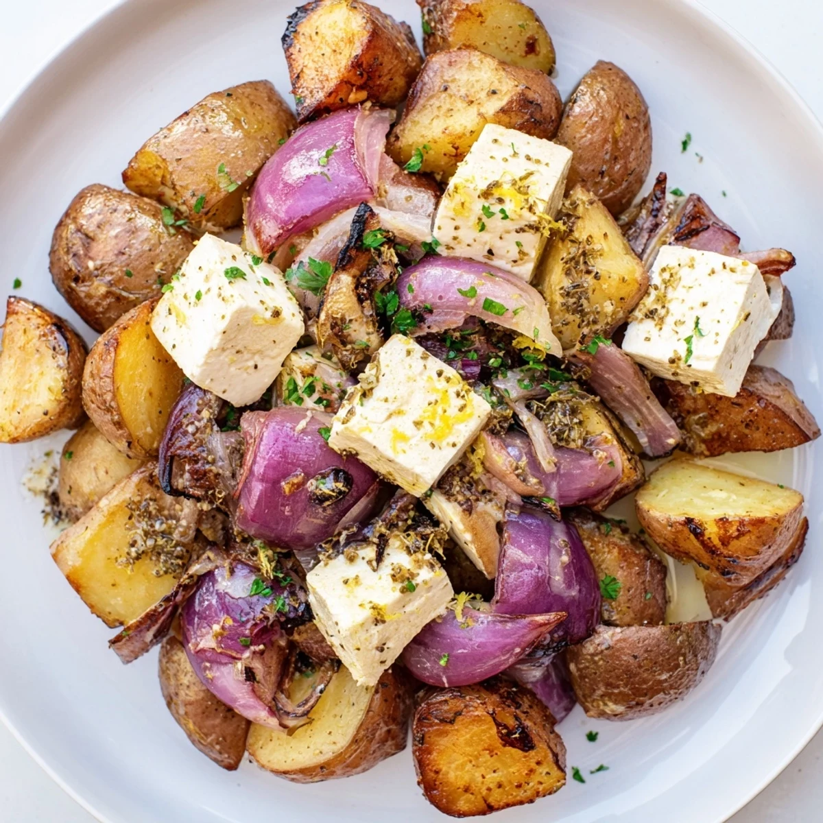 A close-up of Baked Feta Potatoes with Lemon, showcasing tangy feta cubes and fresh parsley garnish.