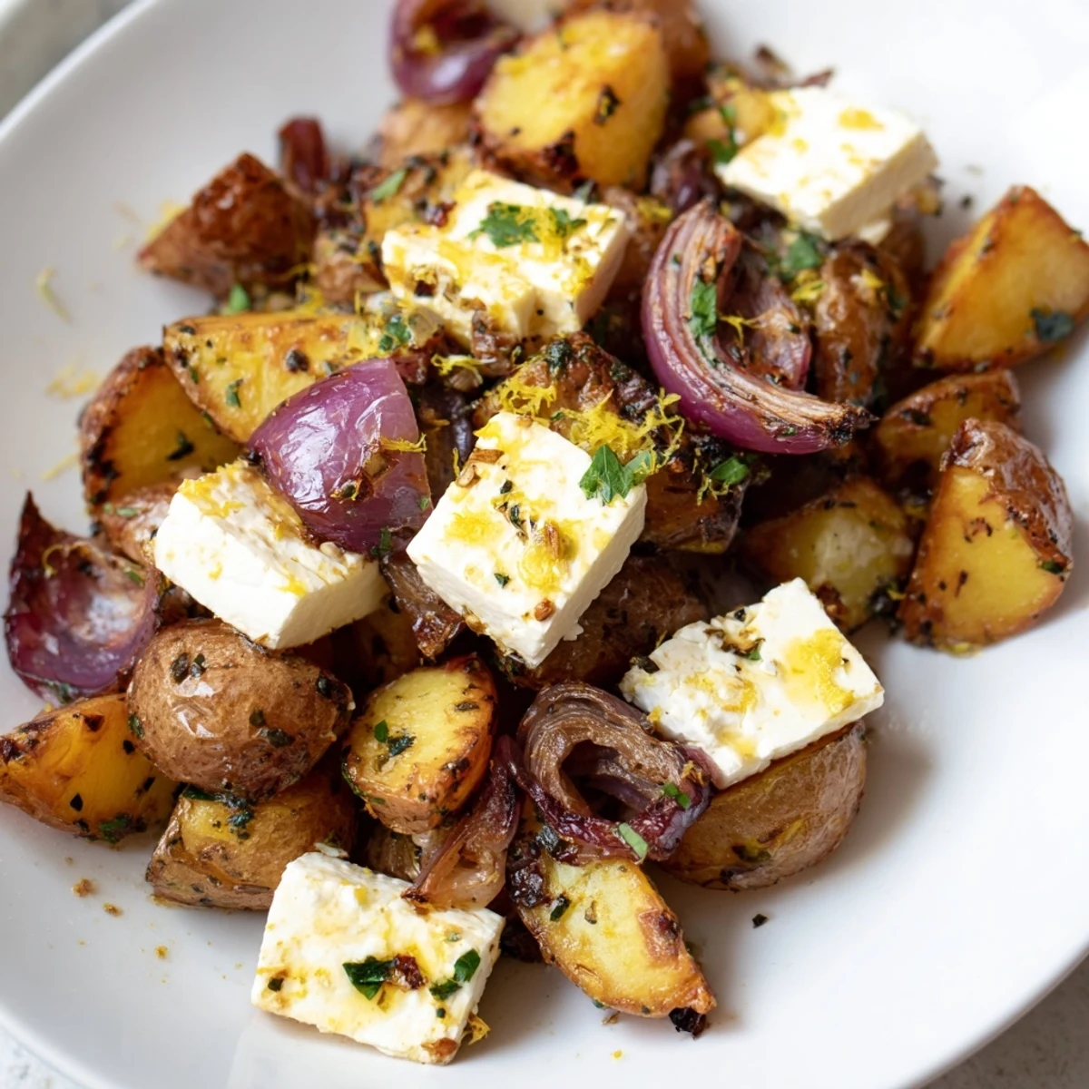 Crisp roasted Baked Feta Potatoes with Lemon served warm beside grilled chicken for an easy dinner.