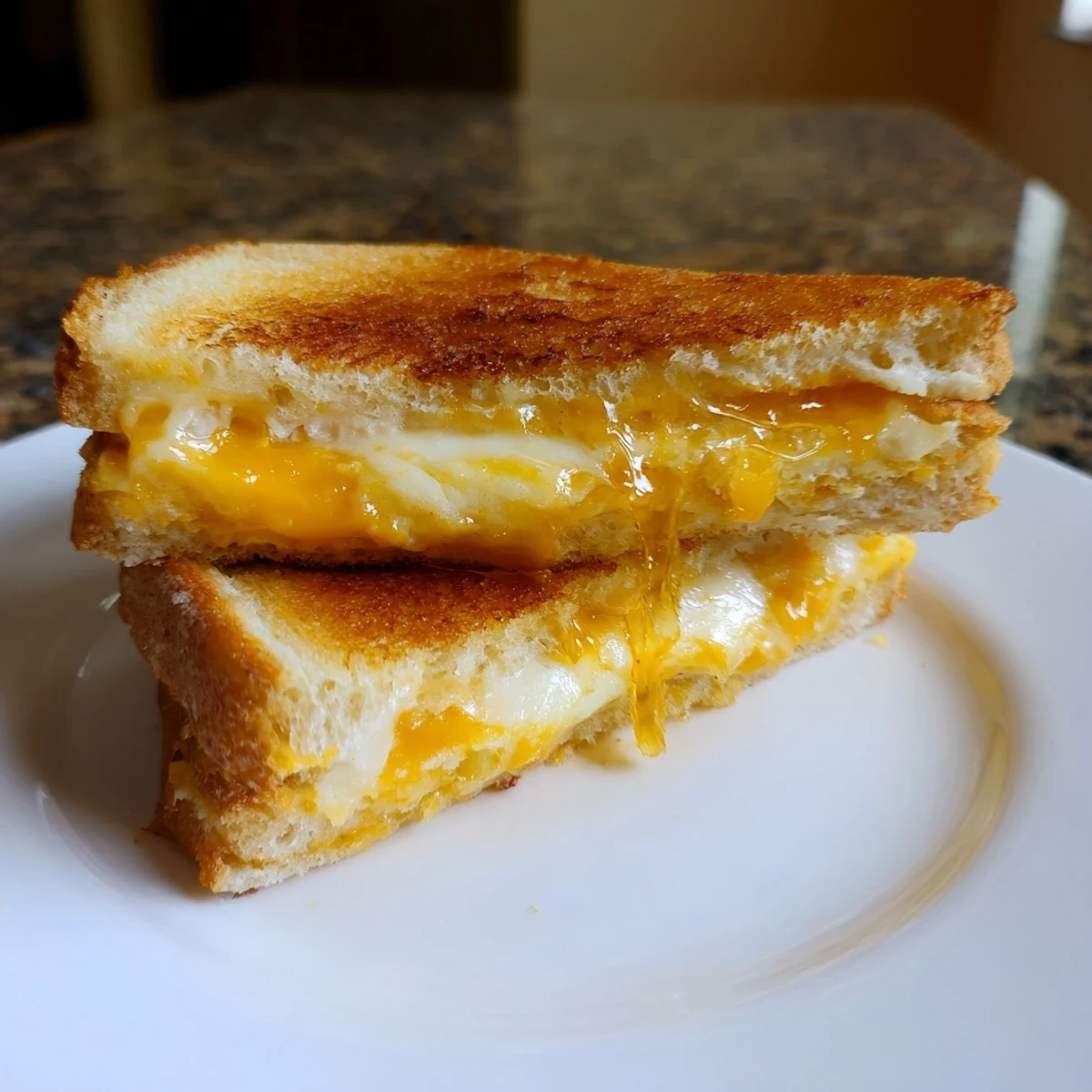 In a rustic kitchen scene, the cheese grilled cheese with honey bliss rests beside a small honey dipper and fresh apple slices.
