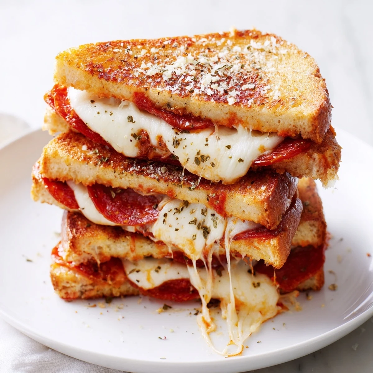 Two golden-brown Pizza Grilled Cheese sandwiches sit on a wooden cutting board with melted mozzarella and pepperoni visible inside.