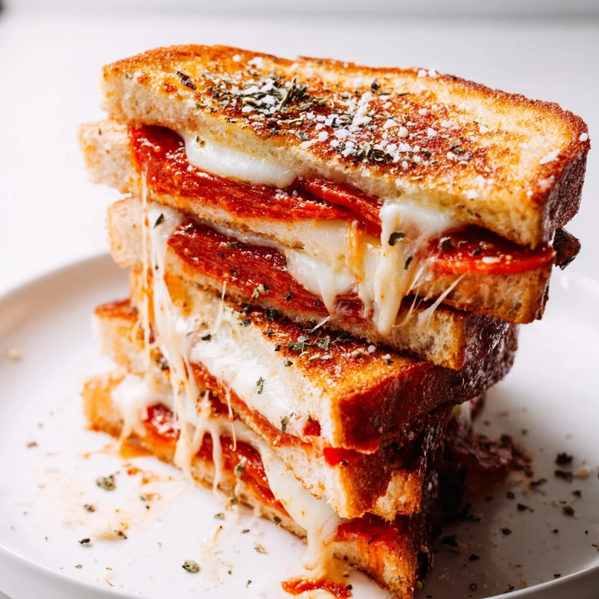 A Pizza Grilled Cheese sandwich is sliced in half and served on a plate with a small bowl of marinara dipping sauce.