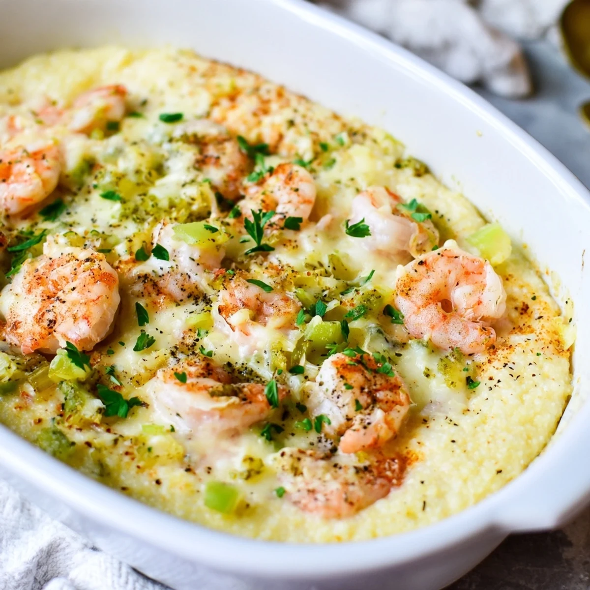 Steaming Easy Shrimp & Grits Casserole fresh from the oven with bubbly cheese topping. 