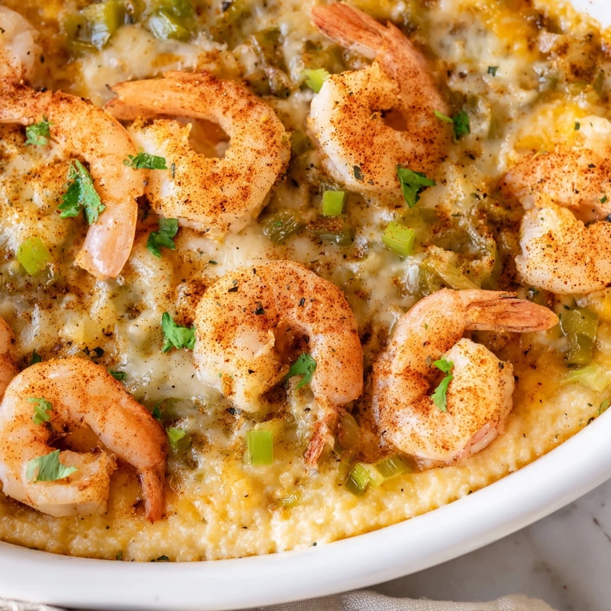 Close-up on succulent shrimp and creamy grits in this Easy Shrimp & Grits Casserole.
