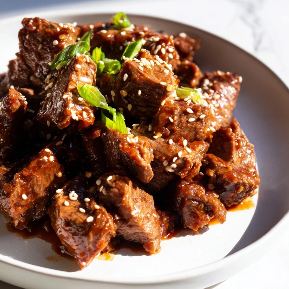 A slow cooker displays Crock Pot Korean Beef with sesame seeds and green onions.