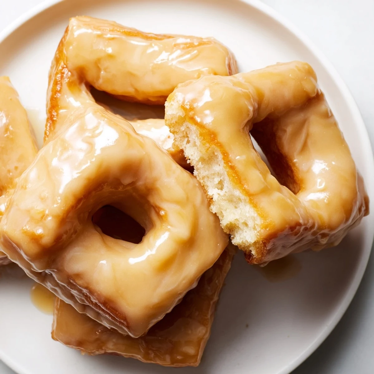 Maple Donut Bars arranged on a white plate with a drizzle of extra maple syrup for serving.  