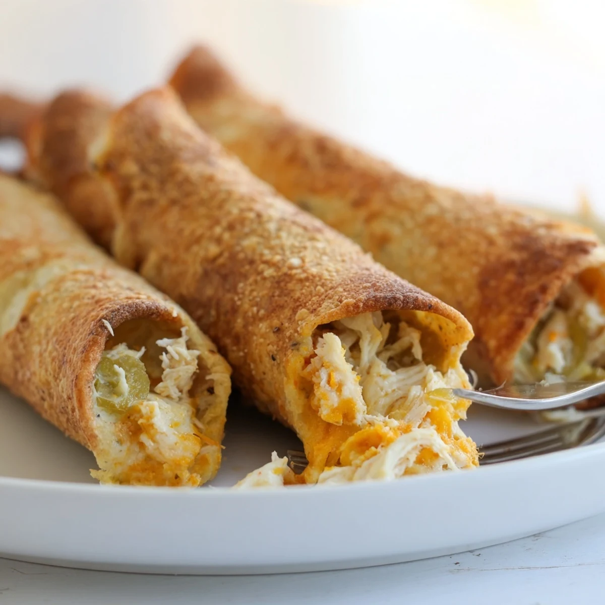 Golden-baked Dill Pickle Ranch Chicken Taquitos sit on a platter, their crispy tortilla shells glistening with butter and flecked with fresh dill.