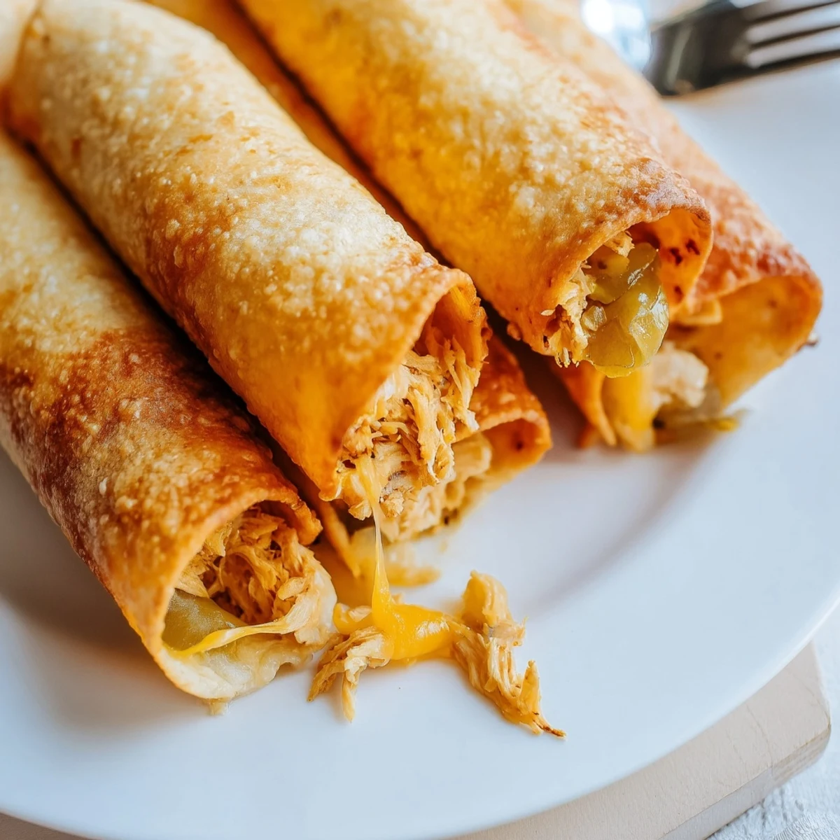 A close-up shows Dill Pickle Ranch Chicken Taquitos cut in half, revealing creamy chicken, melted cheddar, and chunky dill pickles inside.