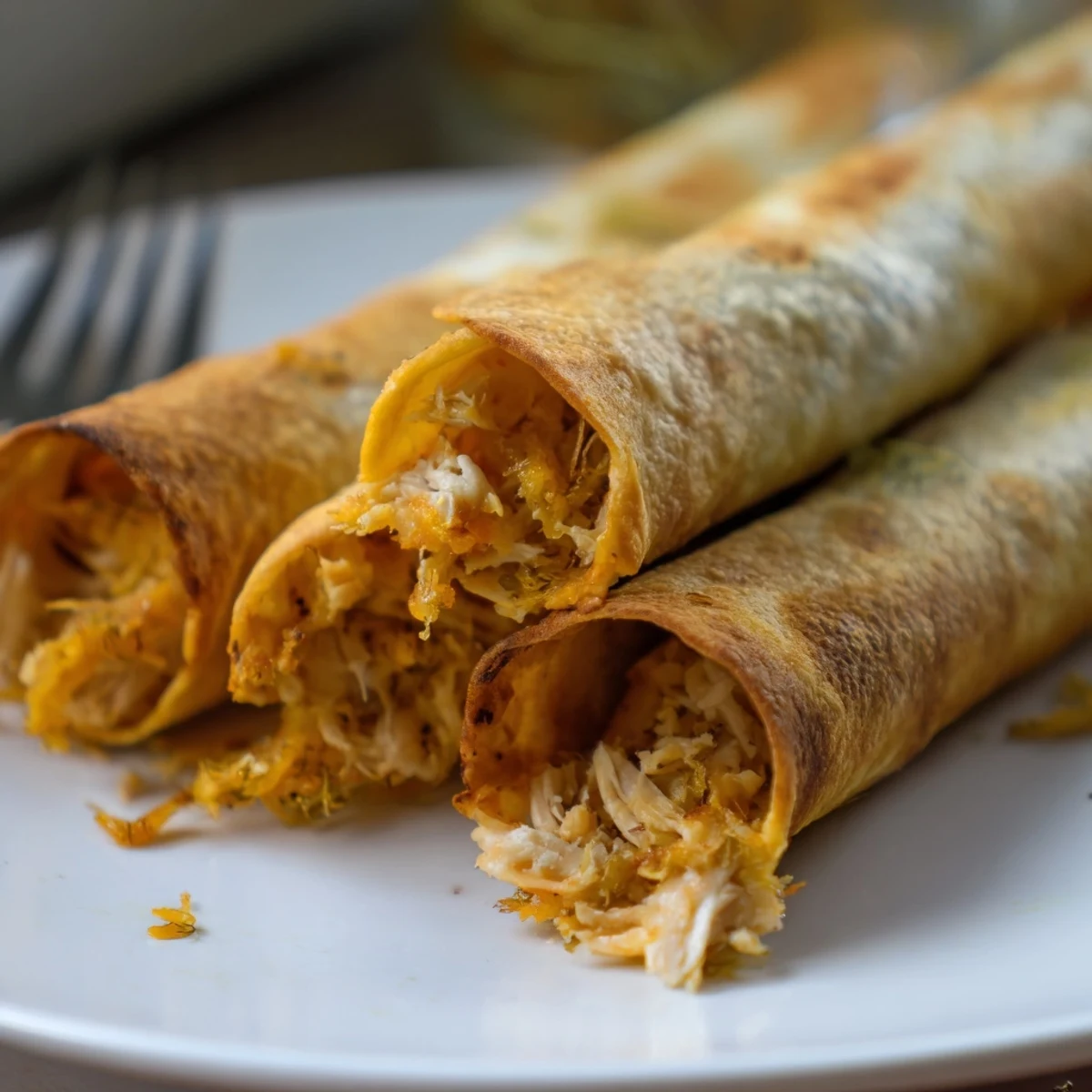 Freshly baked Dill Pickle Ranch Chicken Taquitos arranged on a tray with a side of ranch dipping sauce and green onion garnish.