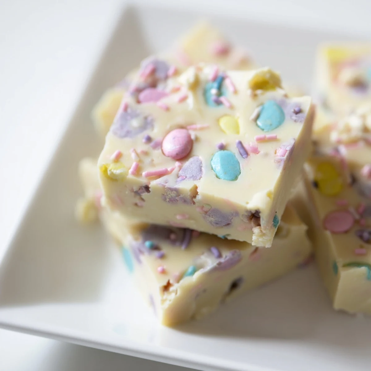 A close-up view of Easter Fudge squares sprinkled with colorful candies on a ceramic plate.