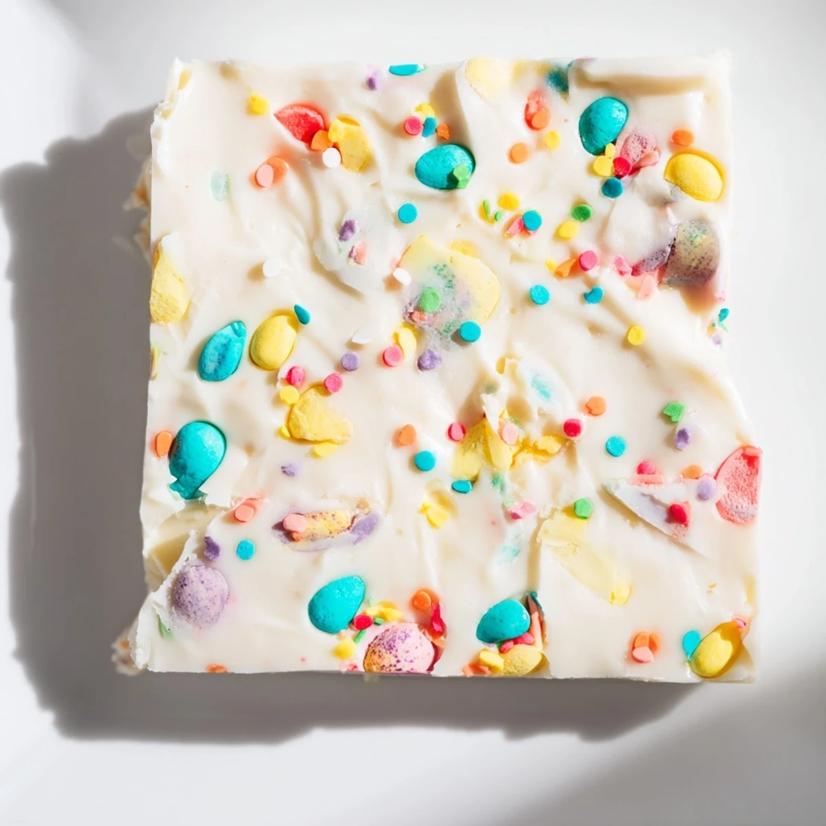 Creamy white chocolate Easter Fudge with pastel candies on a marble counter for spring celebrations.