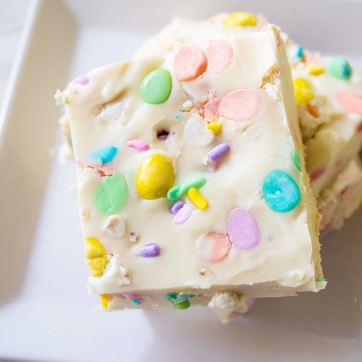 Chilled Easter Fudge bars stacked for serving, with bright pastel chocolate eggs scattered nearby.