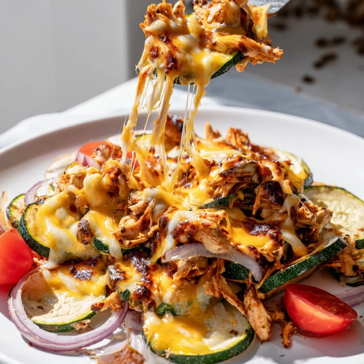Golden roasted zucchini rounds topped with smoky BBQ chicken, melted cheese, and fresh cilantro garnish for Cheesy BBQ Chicken Zucchini Nachos.