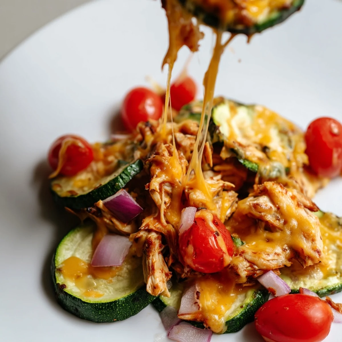 Freshly baked Cheesy BBQ Chicken Zucchini Nachos served with lime wedges and a drizzle of cool sour cream on the side.