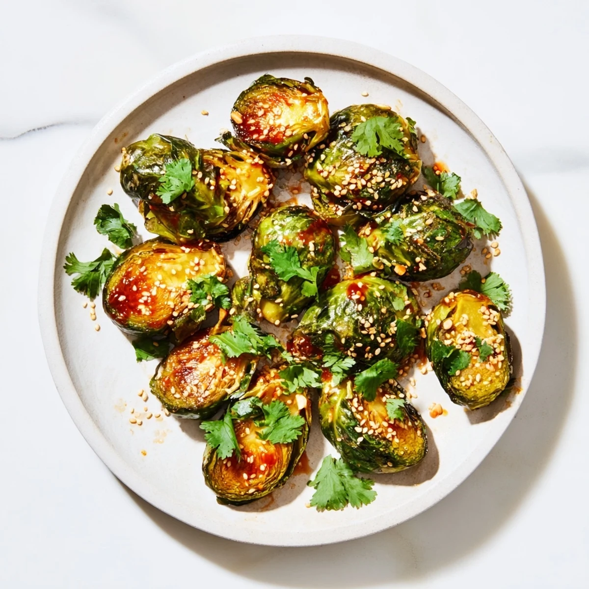 Roasted Honey Sriracha Brussels Sprouts glistening on a plate with toasted sesame seeds and fresh cilantro.