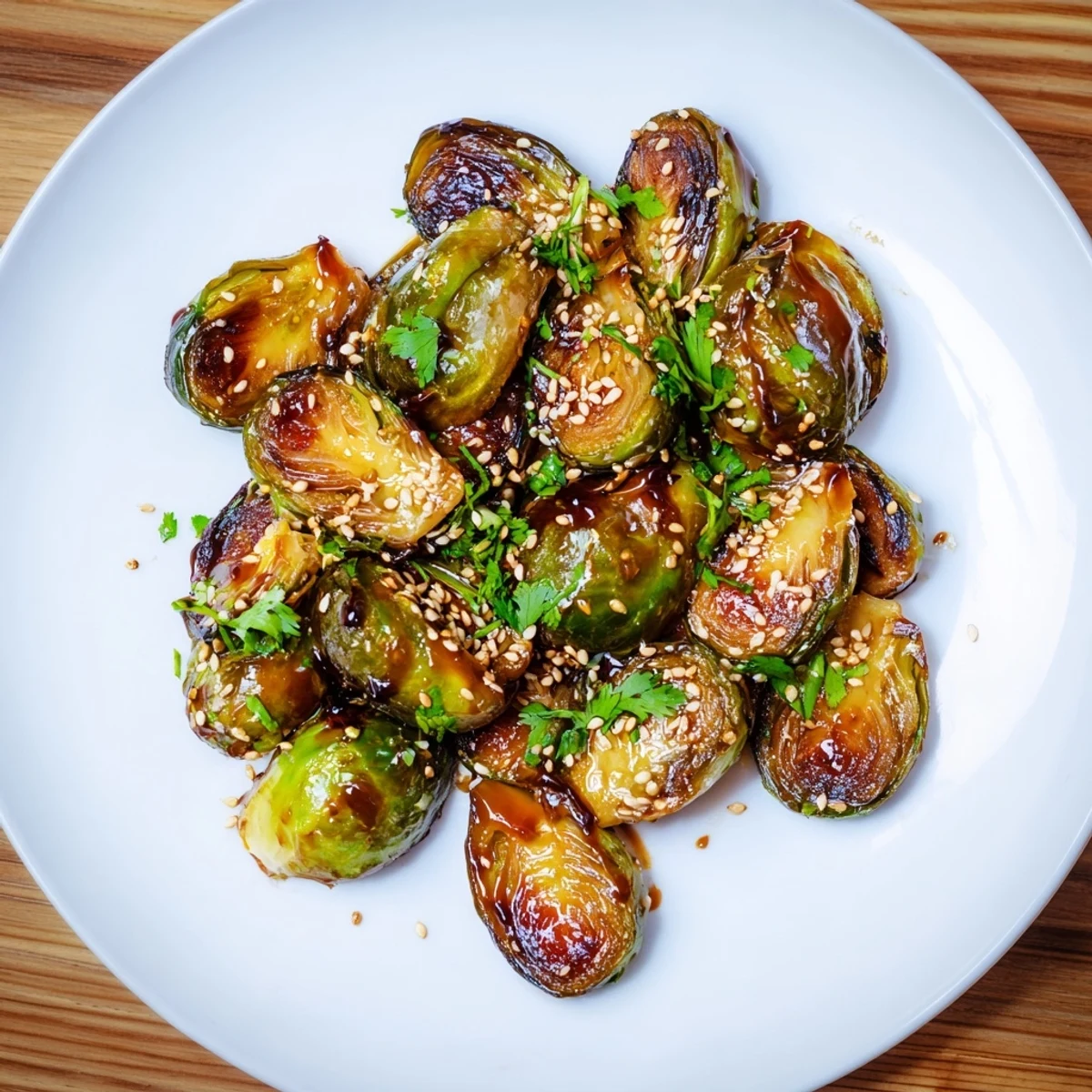 Close-up of crispy Honey Sriracha Brussels Sprouts with a sticky, caramelized coating and garnish.