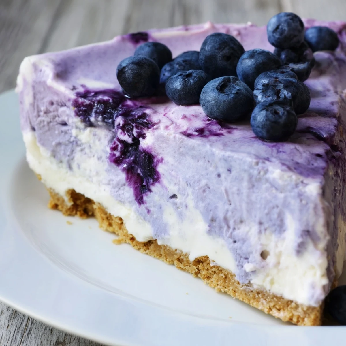 A slice of Blueberry Mousse Cheesecake with a graham cracker crust and a vibrant blueberry topping.