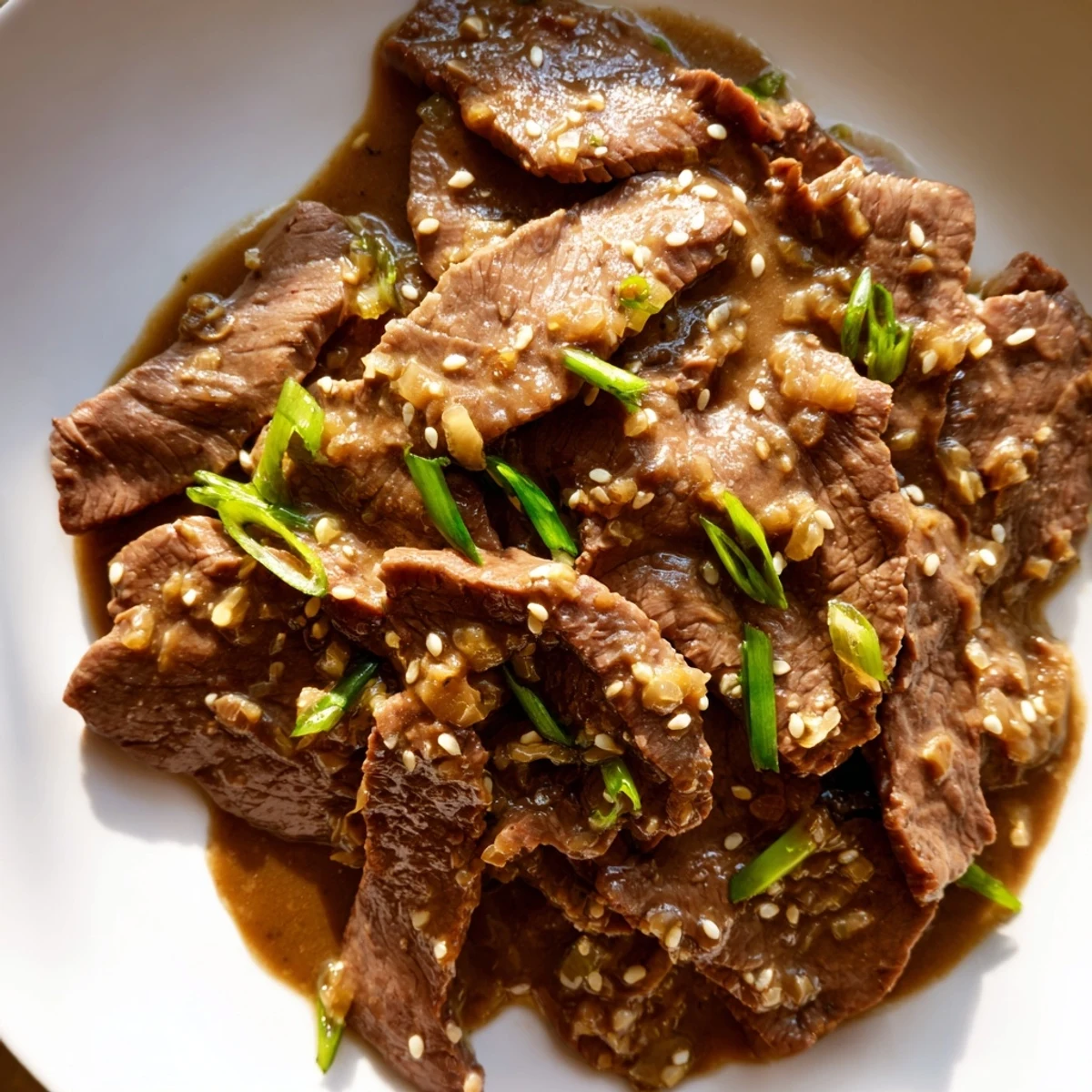 A close-up of Ultimate Slow Cooker Mongolian Beef over fluffy white rice, featuring glossy sauce and freshly sliced green onions.