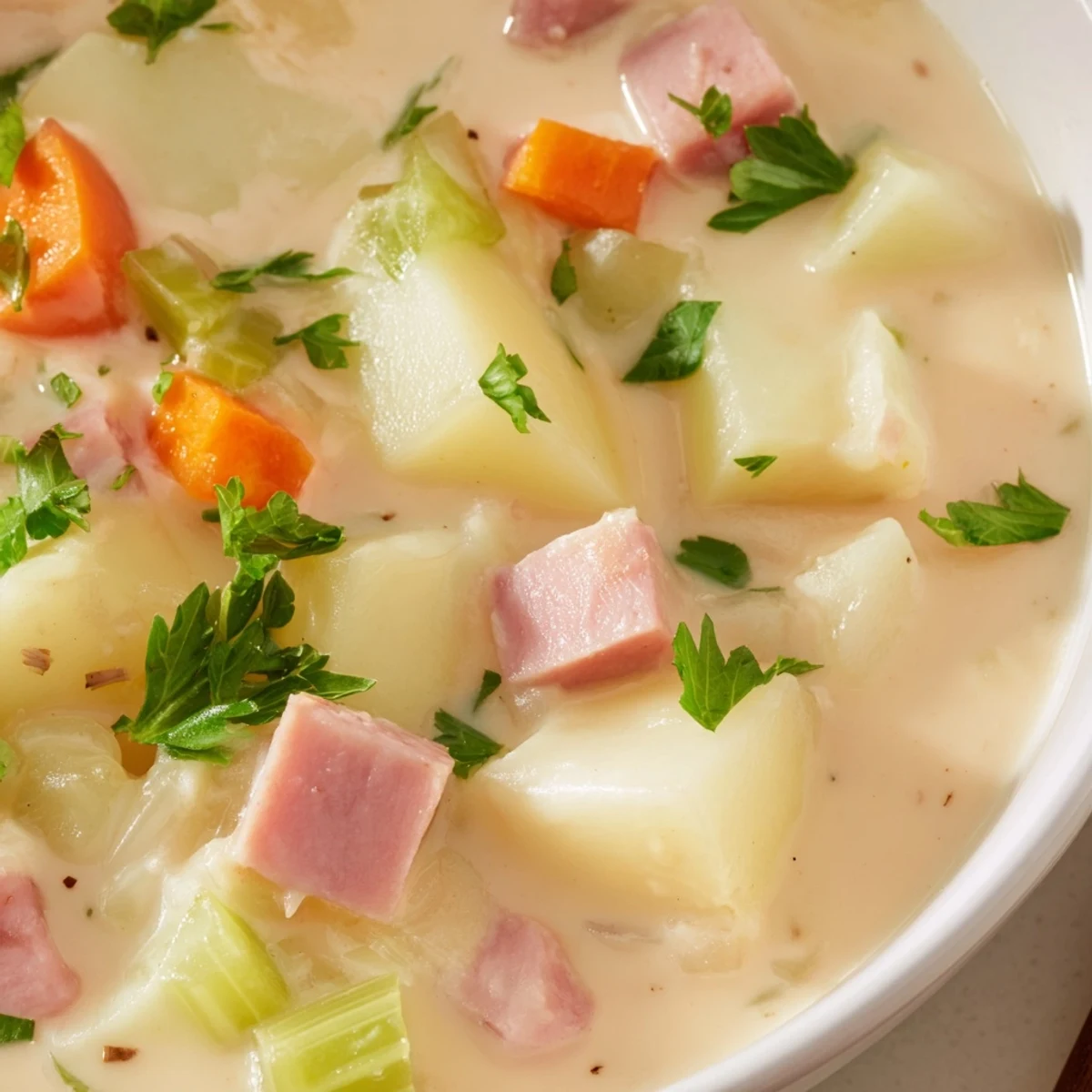 Creamy Light Ham & Potato Chowder in a white bowl garnished with fresh parsley, steam rising gently.