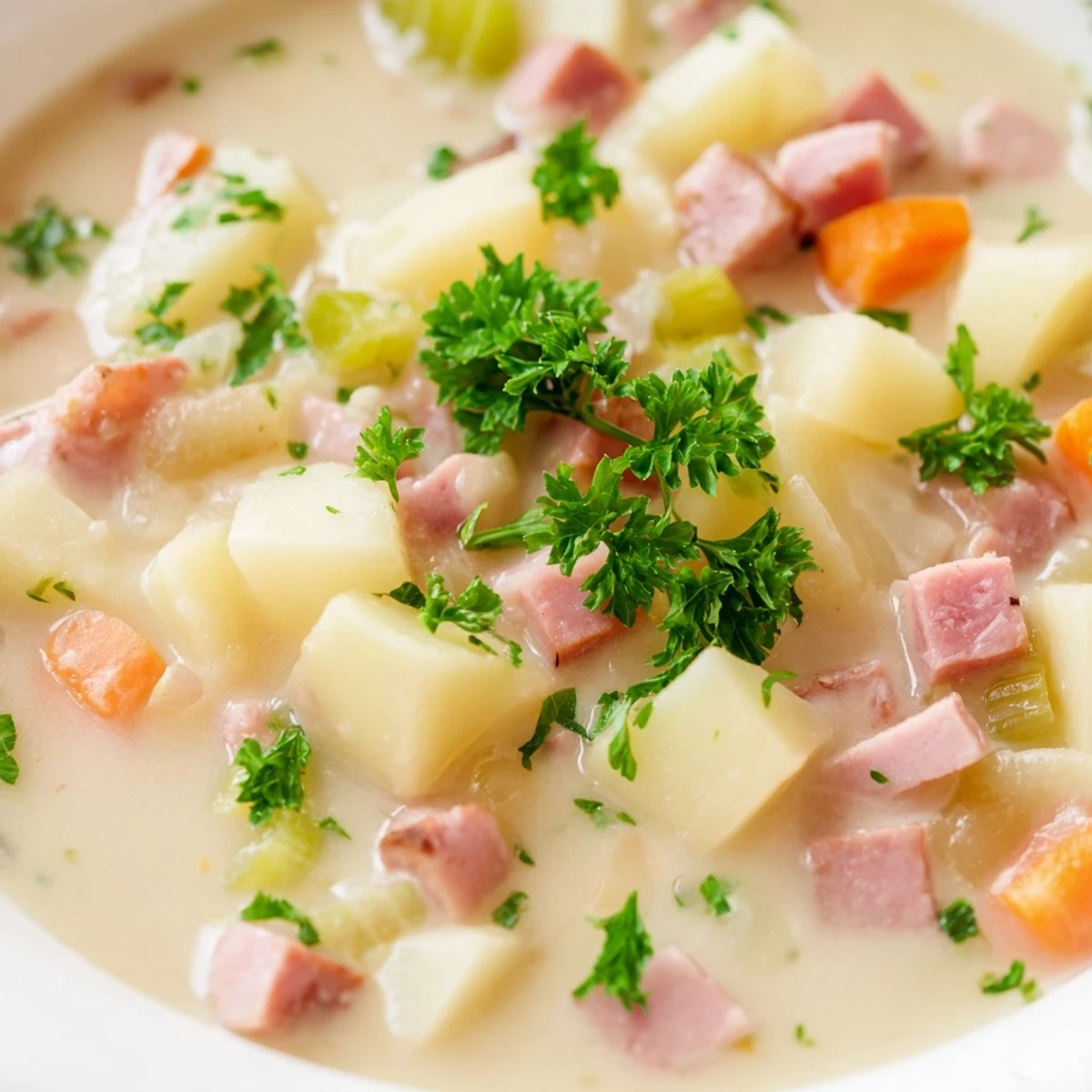Spoon lifting tender potatoes, diced ham, and celery from this lighter, velvety Light Ham & Potato Chowder.