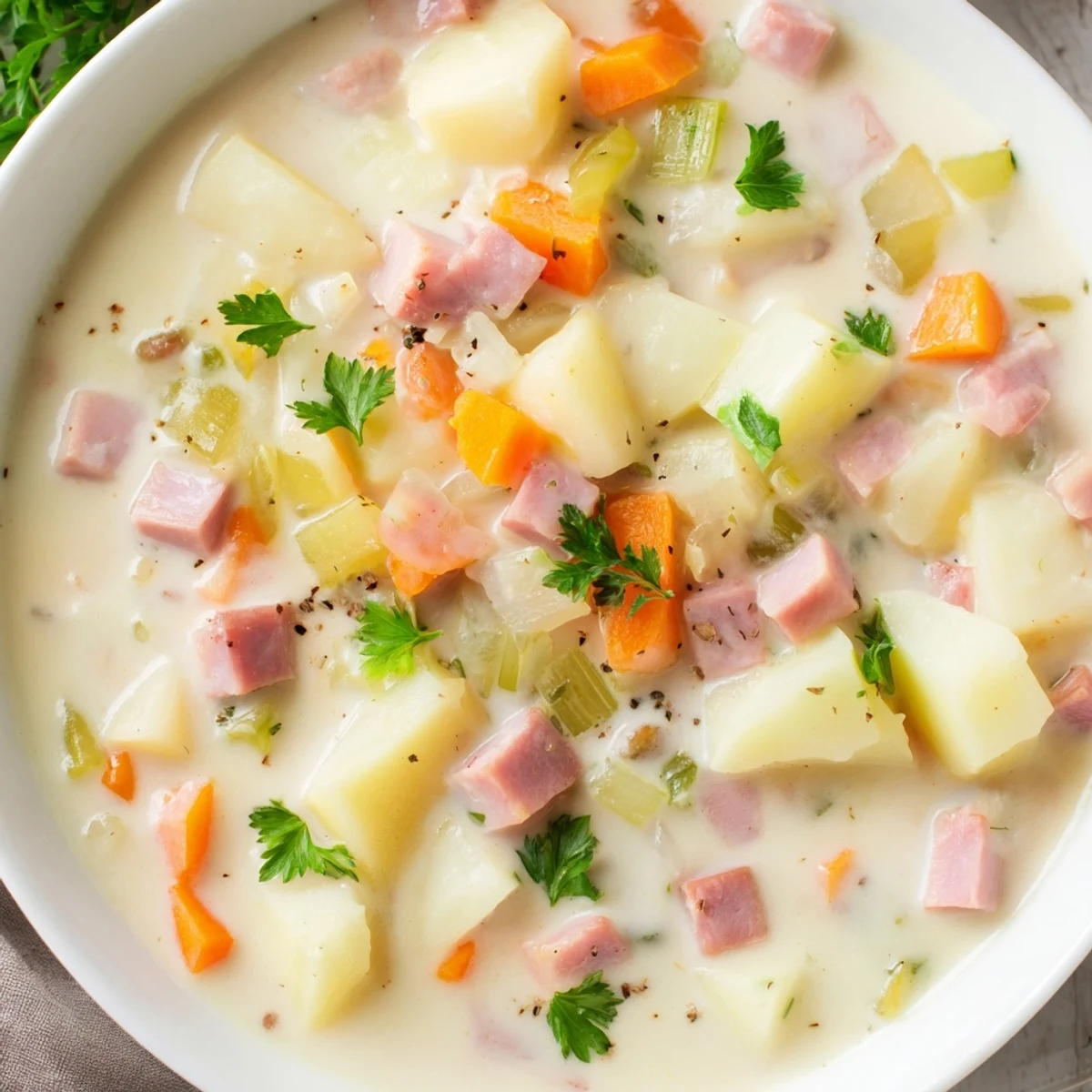 Cozy bowl of Light Ham & Potato Chowder paired with crusty bread, served on a rustic wooden table.