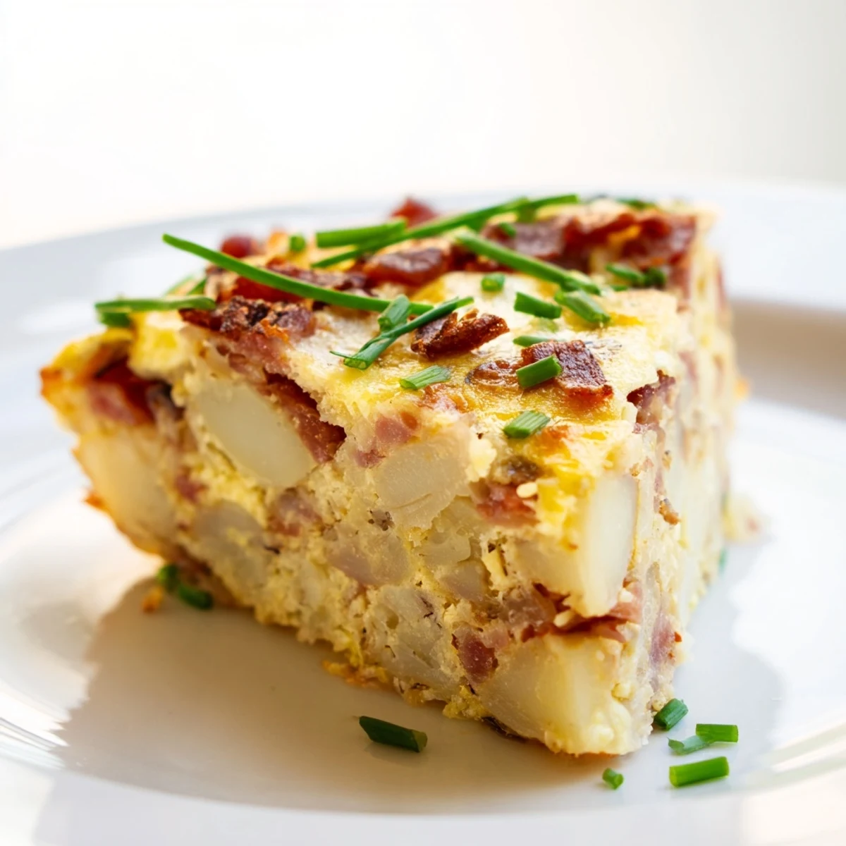 Close-up of a golden, puffy Bacon Potato Frittata served in a cast iron skillet, with melted Gruyère and crispy bacon bits visible.