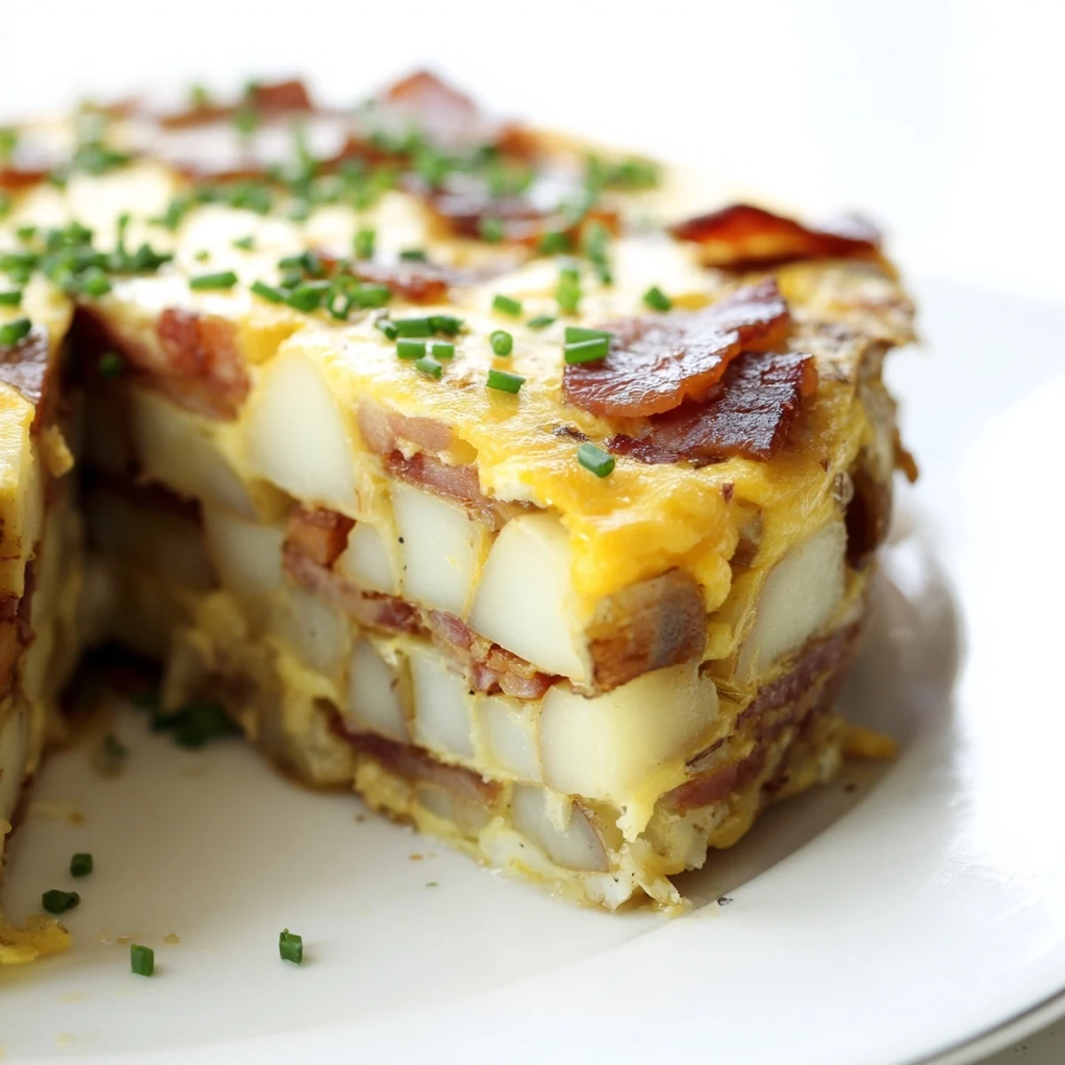 A slice of savory Bacon Potato Frittata rests on a white plate, showcasing tender potatoes and fresh chives garnish.