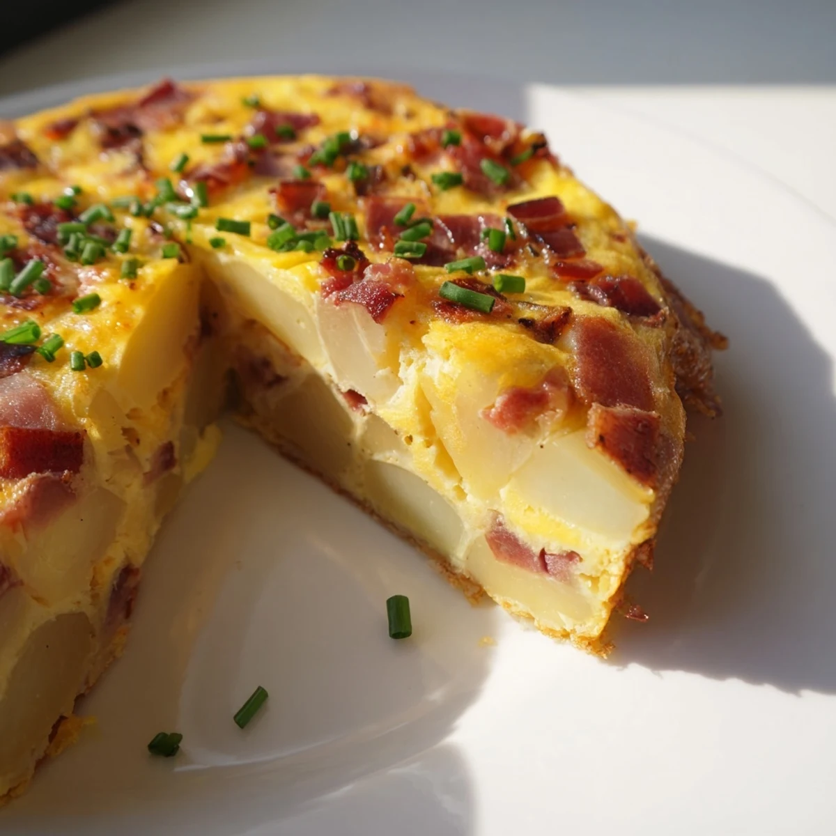 A whole Bacon Potato Frittata cooling on a wooden table, surrounded by brunch plates and a green salad side dish.