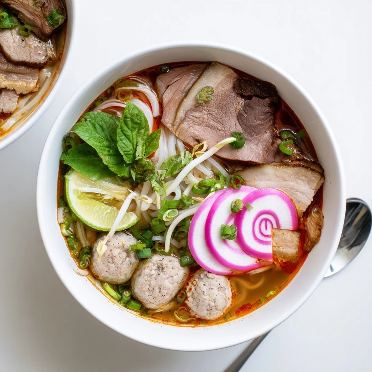 Aromatic Bun Bo Hue noodle soup featuring rich beef broth and colorful garnishes on display.