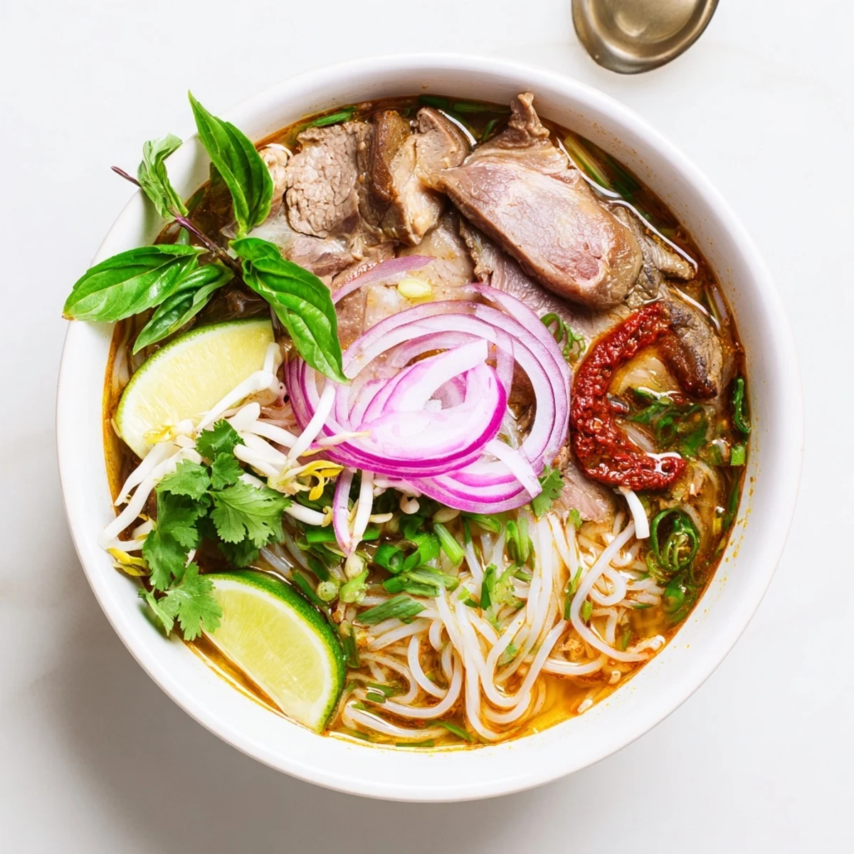 Spicy Bun Bo Hue soup served with lime wedges, bean sprouts, and aromatic chili oil.