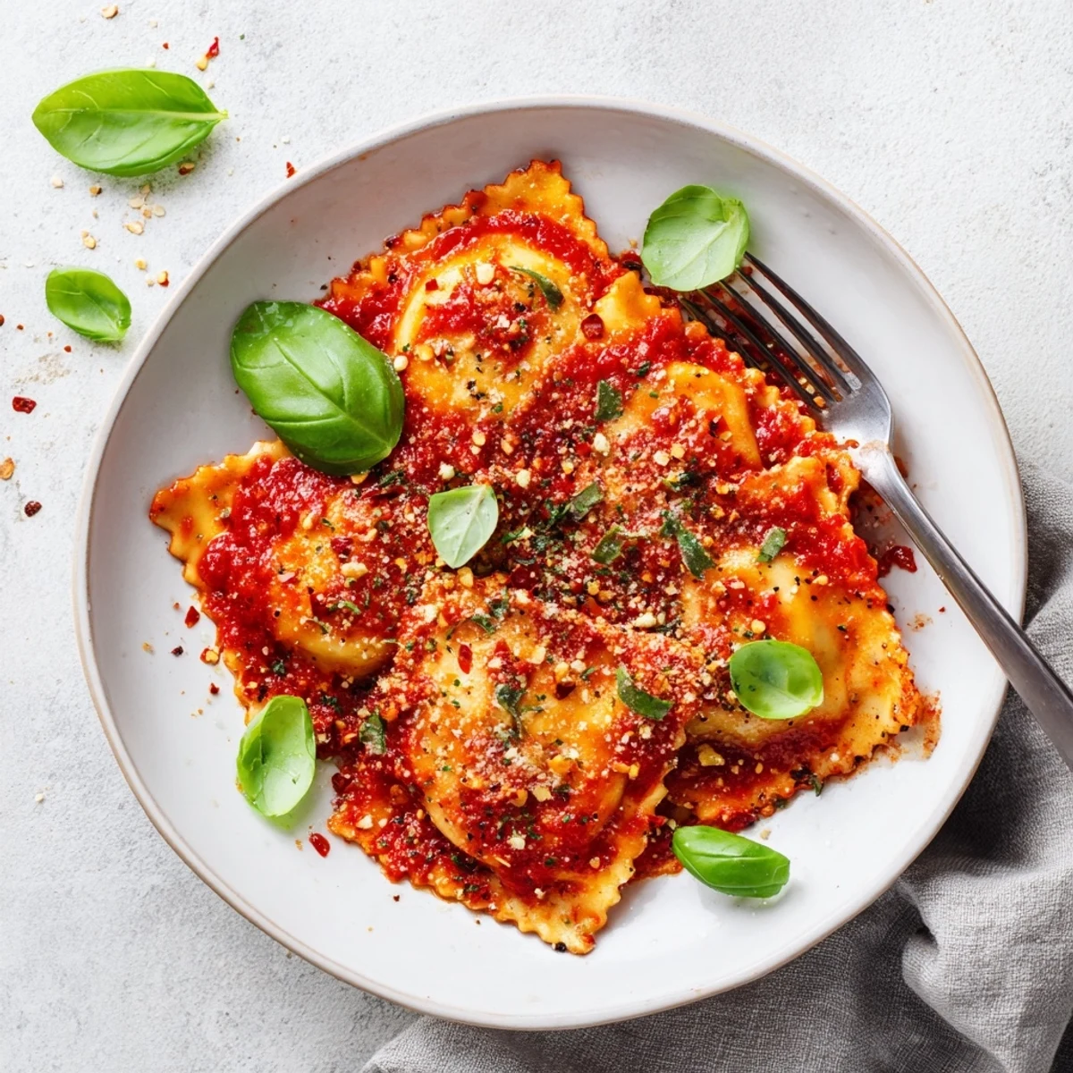 A bowl of 20-Minute Ravioli with Simple Sauce steaming beside a fork and salad on a wooden table.