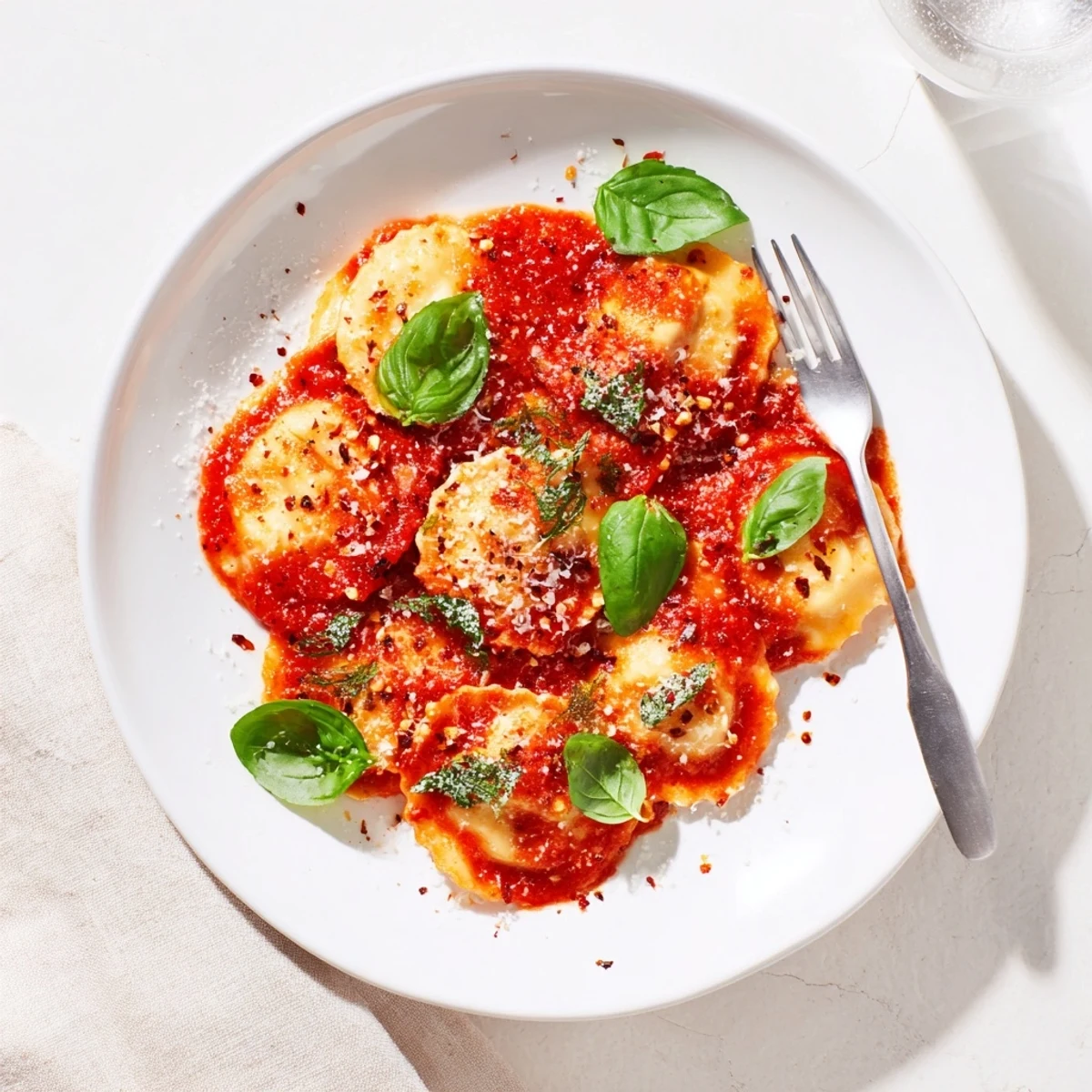Serving suggestion for 20-Minute Ravioli with Simple Sauce topped with grated Parmesan and extra basil leaves.